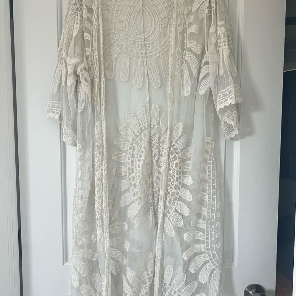 Rebellion Ivory Sheer Embroidered Lace Kimono